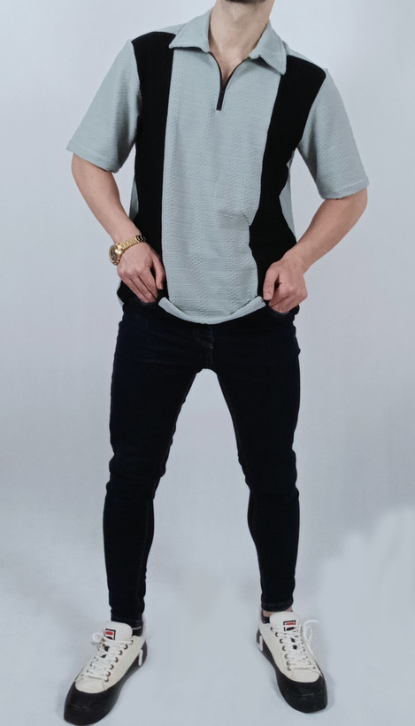 شرت آستین کوتاه مردانه طوسی خنک پارچه مراکشی طرح یقه نیم زیپ