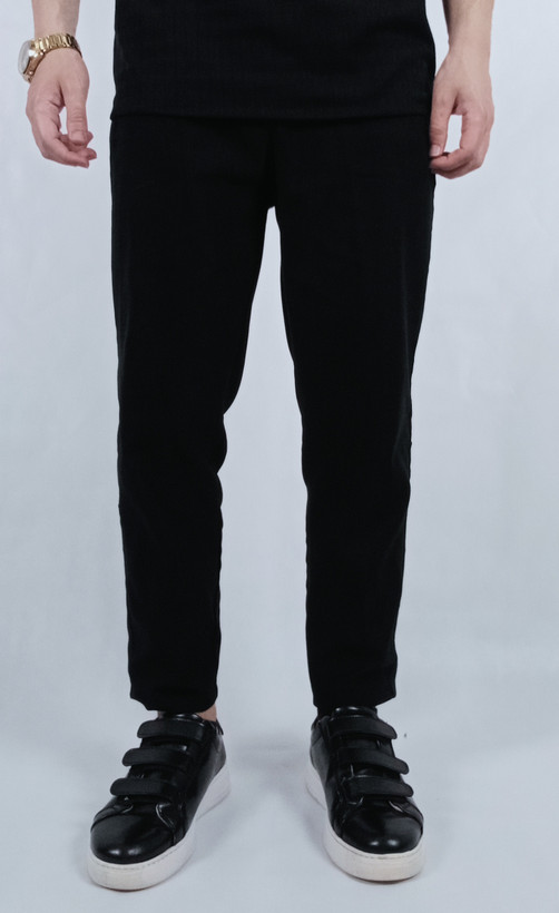 شلوار مام فیت پارچه ای مردانه مشکی کمر کش