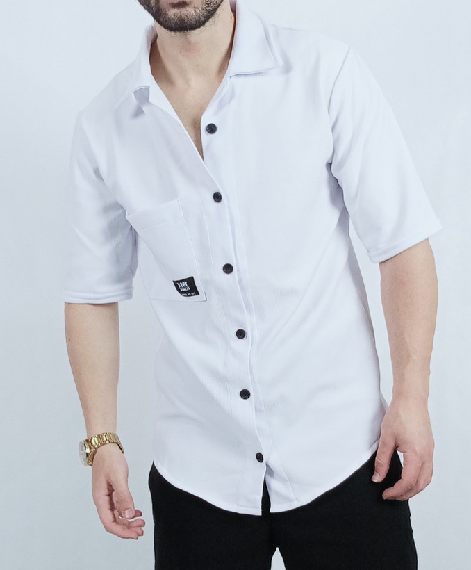 پیراهن آستین کوتاه مردانه طرح میله ای سفید