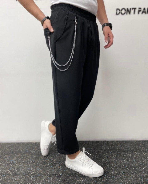 شلوار مردانه مام فیت مشکی طرح زنجیر دار