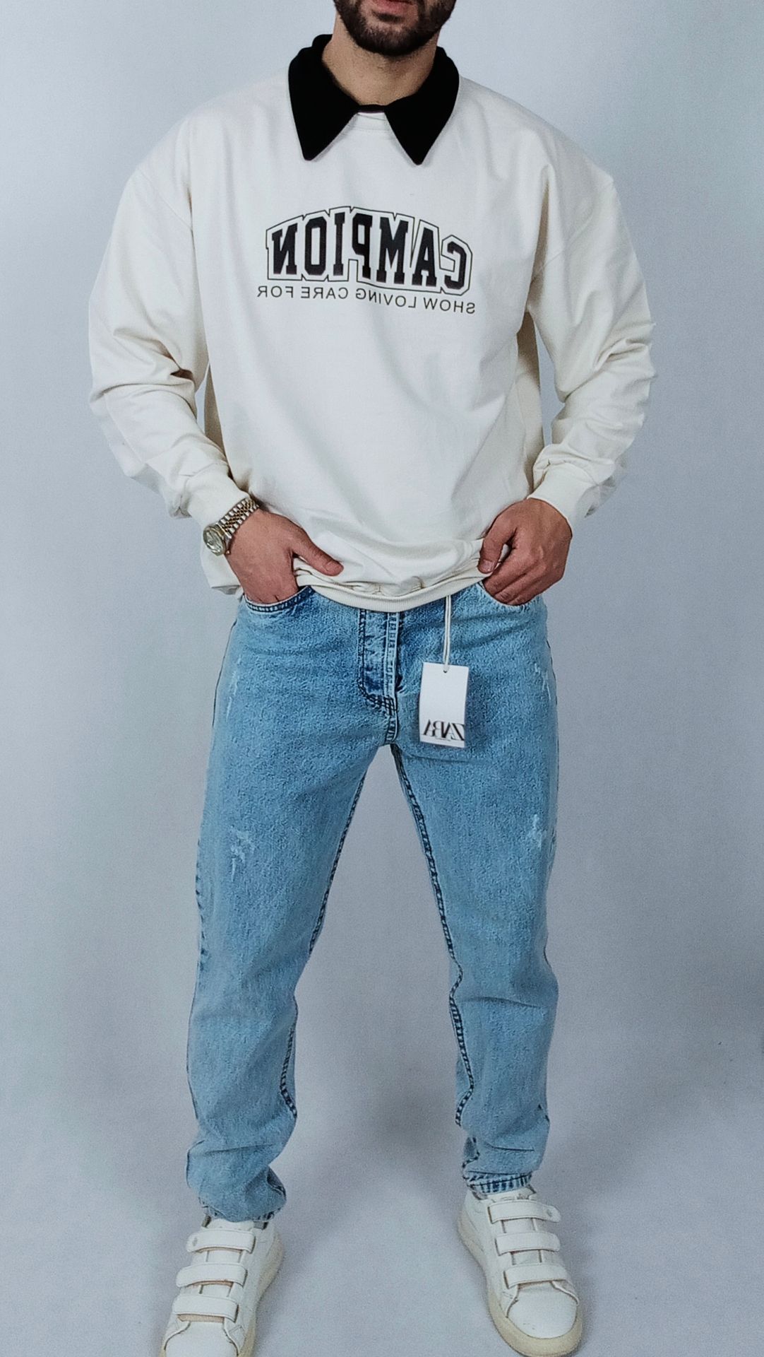 دورس آستین بلند مردانه پاییزه سفید طرح یقه بلایزر