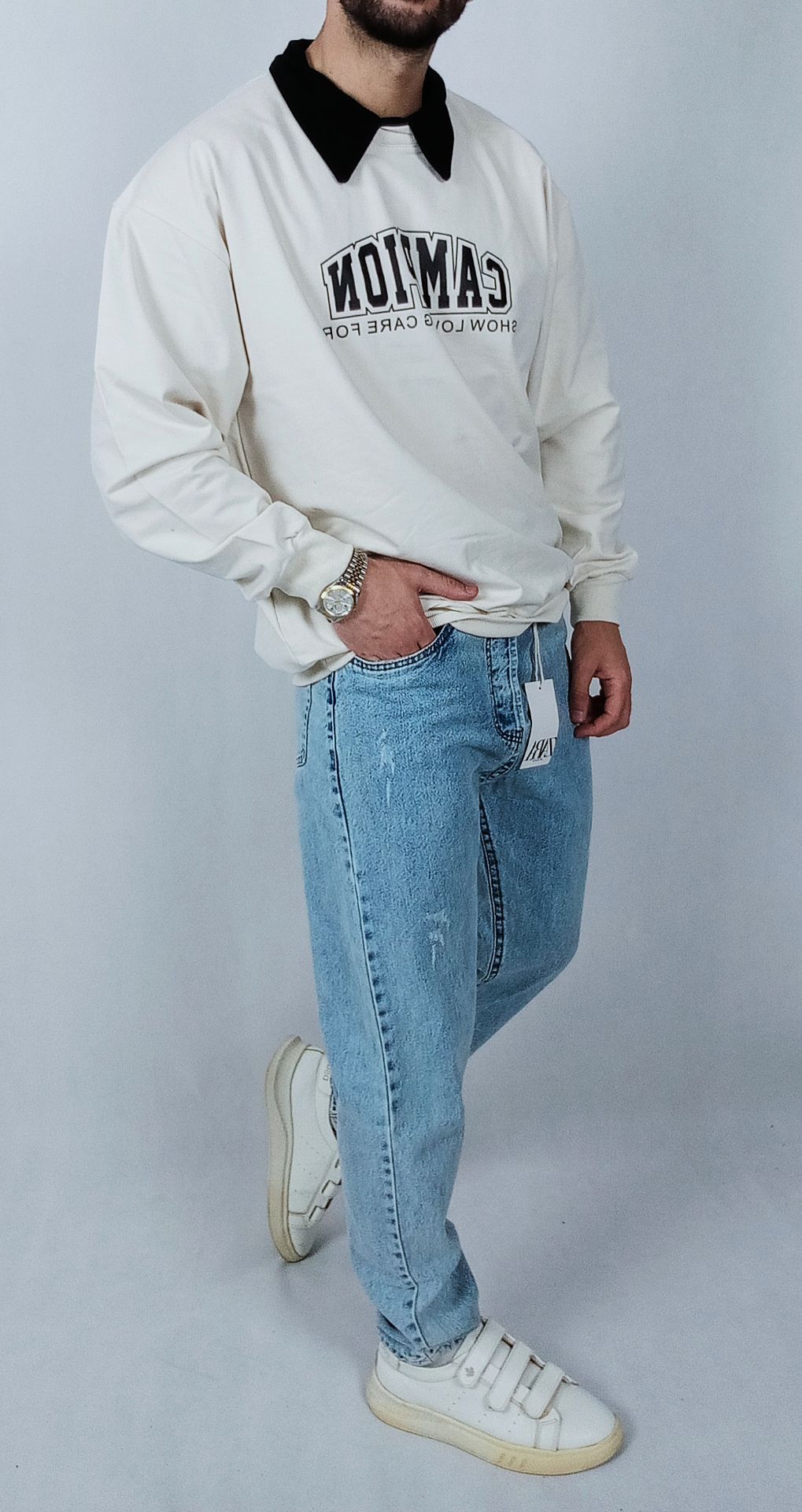 دورس آستین بلند مردانه پاییزه سفید طرح یقه بلایزر