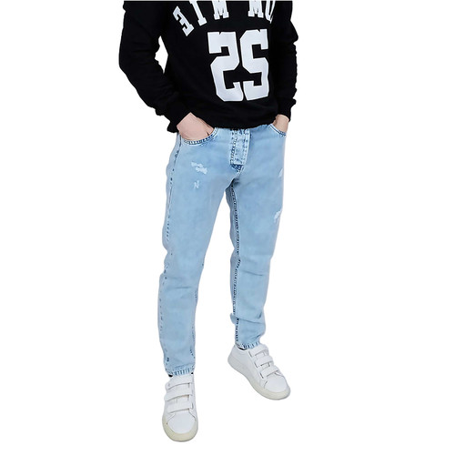 شلوار مام فیت مردانه آبی آسمانی طرح زاپدار