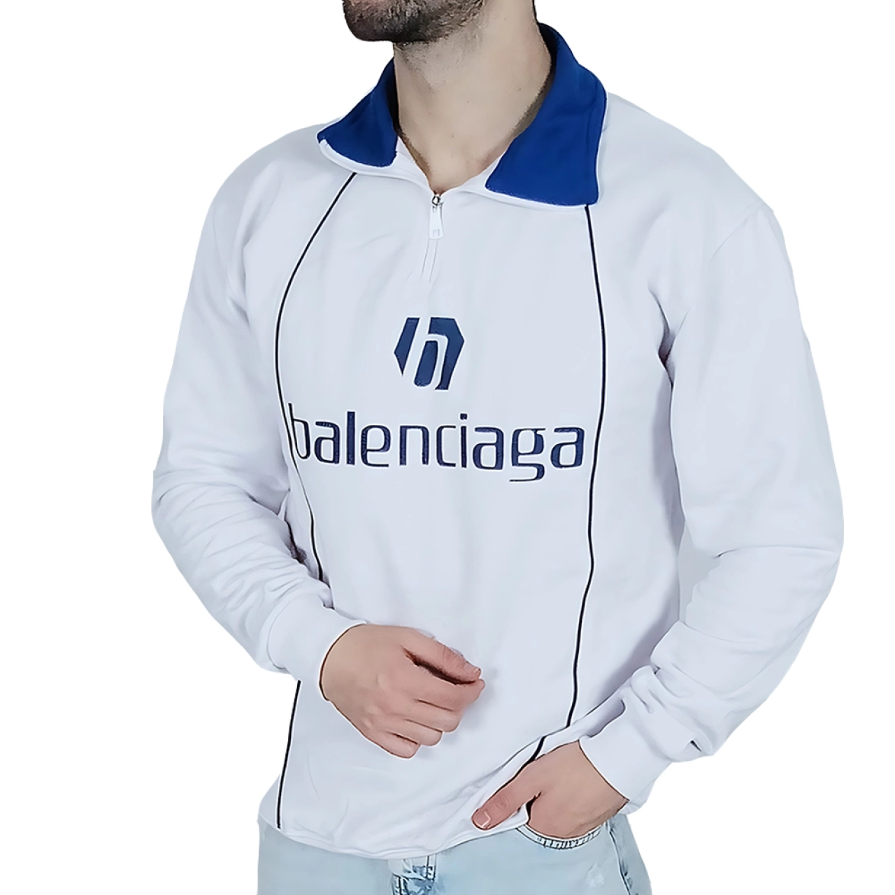 دورس مردانه آبی سفید طرح نیم زیپ