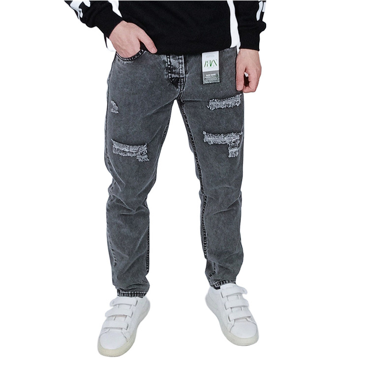 خرید شلوار جین مردانه طوسی مام فیت طرح زاپدار