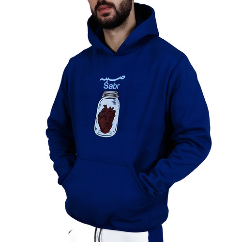 خرید هودی کلاهدار مردانه آبی طرح صبر