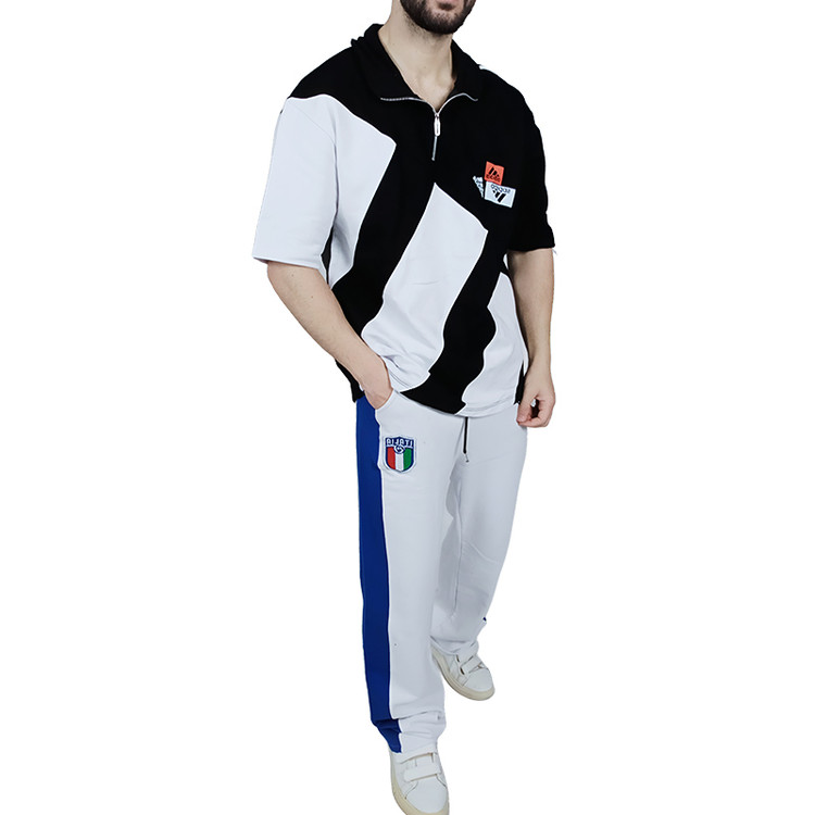 مشخصات تیشرت نیم زیپ مردانه مشکی سفید طرح راه راه