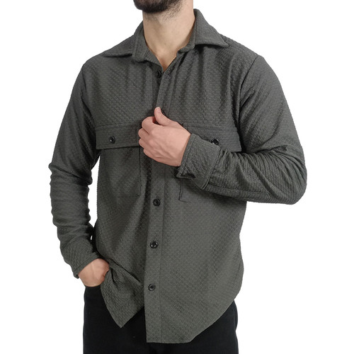 خرید پیراهن آستین بلند مردانه زغالی طرح دوجیب