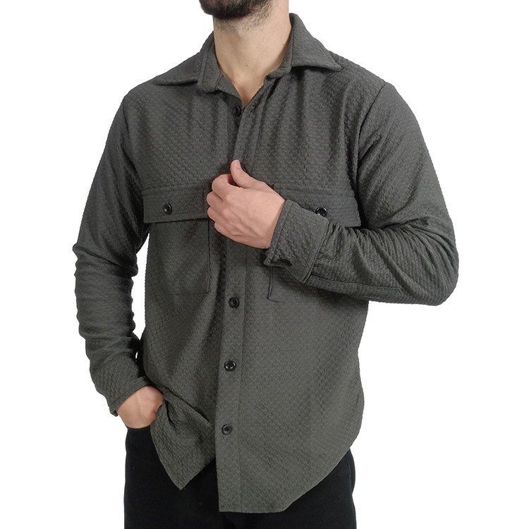 خرید پیراهن آستین بلند مردانه زغالی طرح دوجیب
