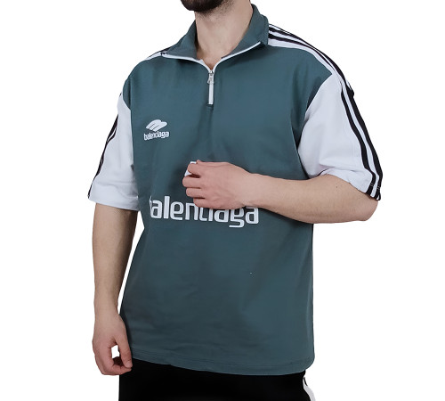 خرید تیشرت آستین کوتاه سبز نواری مدل نیم زیپ