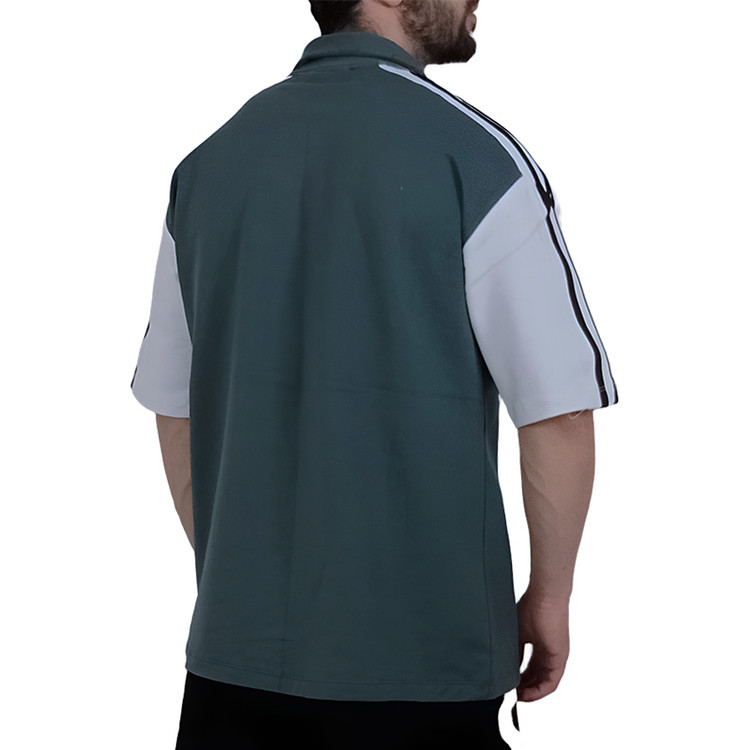 تیشرت آستین کوتاه سبز نواری مدل نیم زیپ | تیشرت مناسب سرما