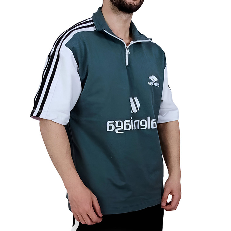 تیشرت آستین کوتاه سبز نواری مدل نیم زیپ| خرید تیشرت دو نخ گرم بالا