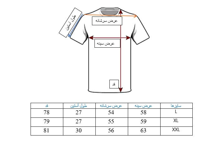 راهنمای سایز بندی محصول تیشرت آستین کوتاه مردانه آبی طرح نوشته دار