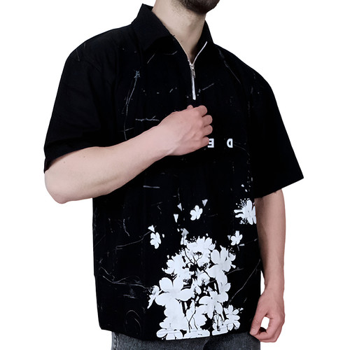 خرید تیشرت آستین کوتاه نیم زیپ مردانه مشکی طرح گل