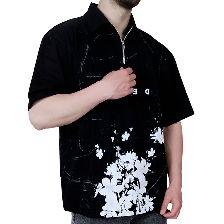 خرید تیشرت آستین کوتاه نیم زیپ مردانه مشکی طرح گل