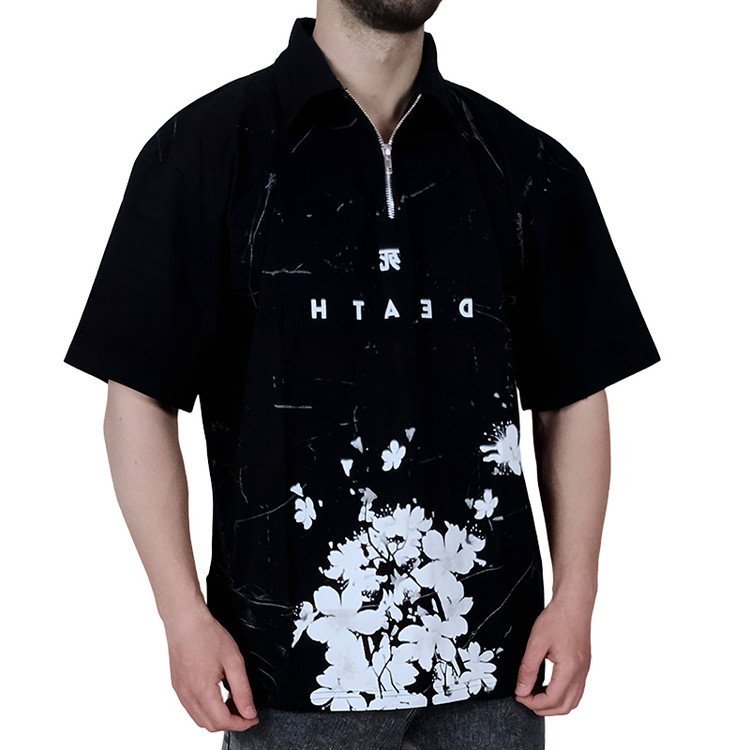 راهمای خرید تیشرت آستین کوتاه نیم زیپ مردانه مشکی طرح گل