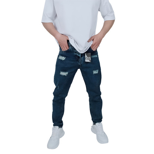 شلوار جین مردانه آبی مام فیت طرح زاپدار