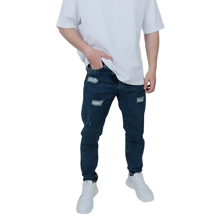 خرید شلوار جین مردانه آبی مام فیت طرح زاپدار