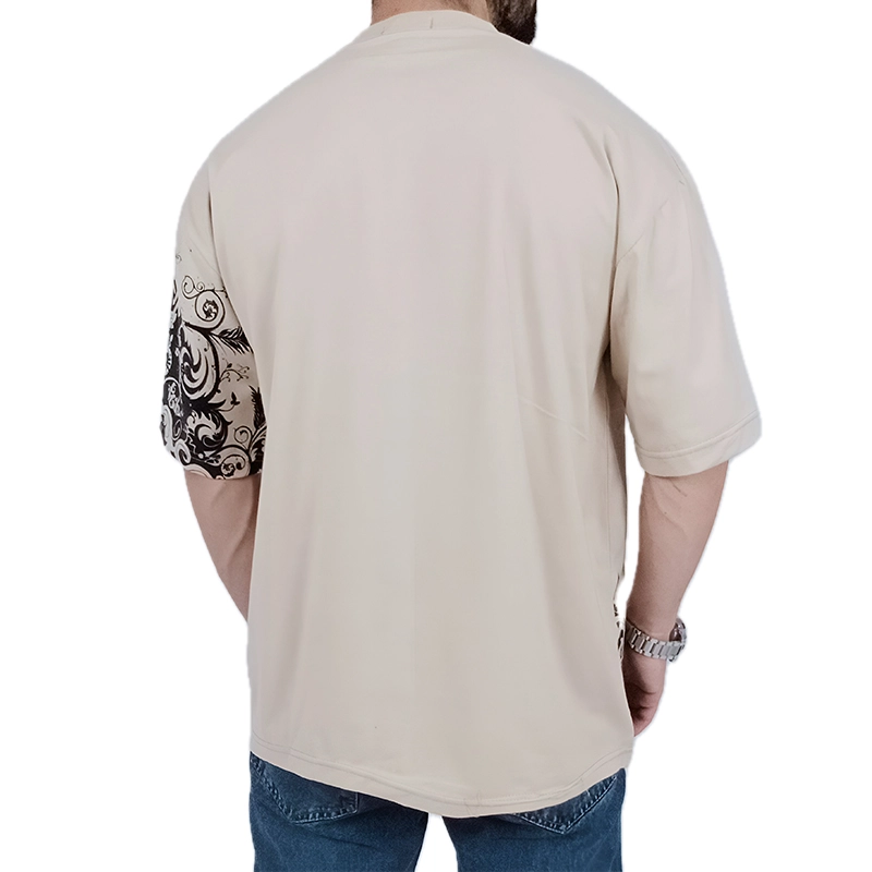 تیشرت آستین کوتاه مردانه باکسی کرم طرح هنری | خرید از وایت رز