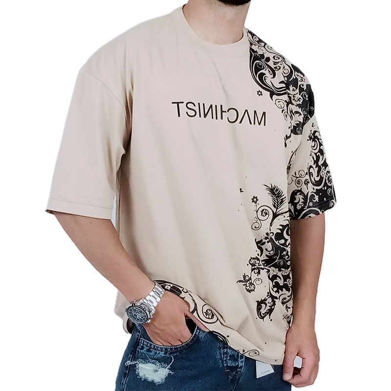 تیشرت آستین کوتاه مردانه باکسی کرم طرح هنری | خرید از وایت رز