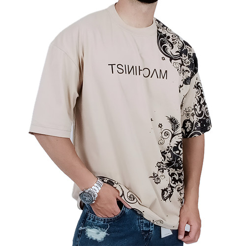 تیشرت آستین کوتاه مردانه باکسی کرم طرح هنری | خرید از وایت رز