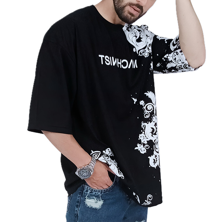 خرید تیشرت آستین کوتاه مردانه باکسی مشکی طرح هنری