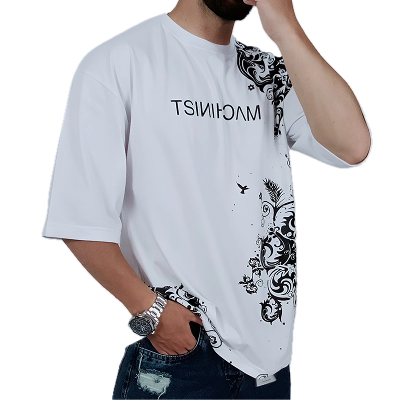 خرید تیشرت آستین کوتاه مردانه باکسی سفید طرح هنری