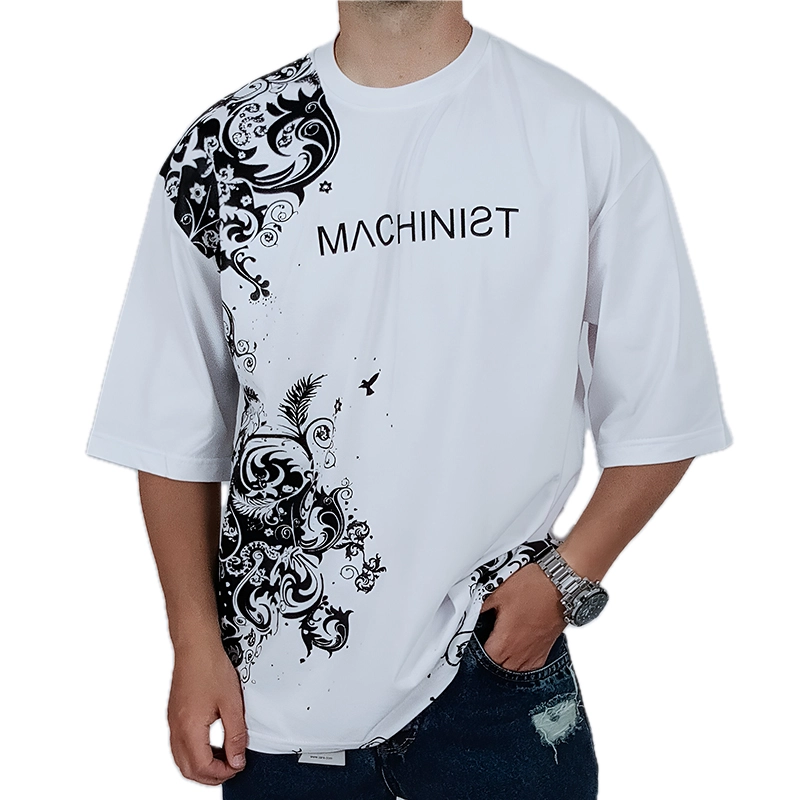 تیشرت آستین کوتاه مردانه باکسی سفید طرح هنری