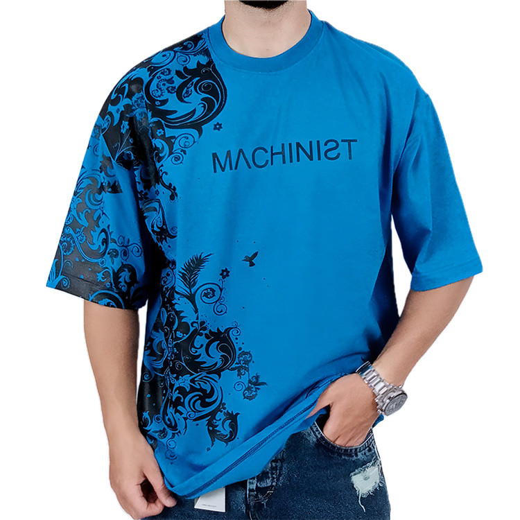 خرید تیشرت آستین کوتاه مردانه باکسی آبی طرح هنری