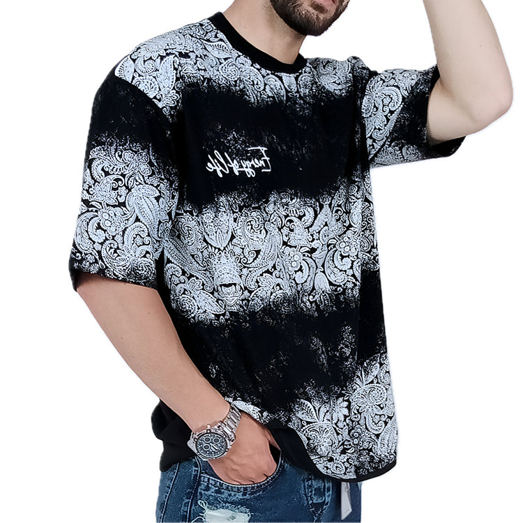 خرید تیشرت آستین کوتاه مردانه باکسی مشکی طرح دو رنگ