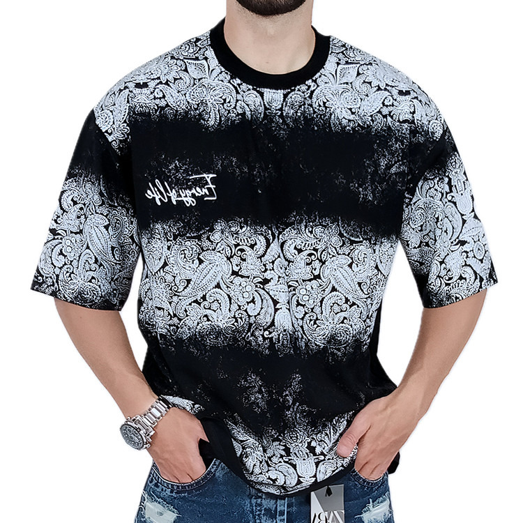 قیمت تیشرت آستین کوتاه مردانه باکسی مشکی طرح دو رنگ