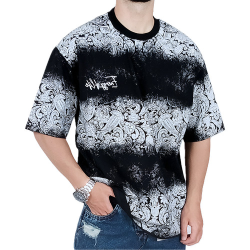 تیشرت آستین کوتاه مردانه باکسی مشکی طرح دو رنگ | خرید در وایت رز