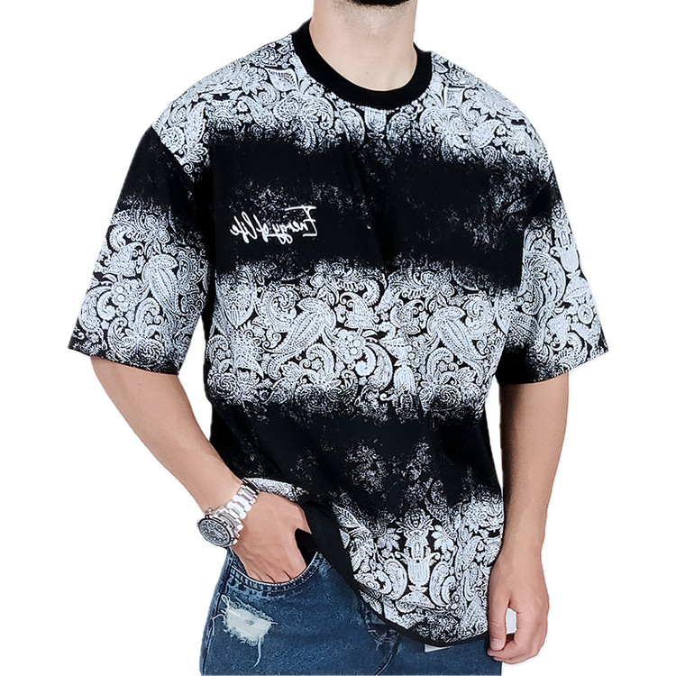 تیشرت آستین کوتاه مردانه باکسی مشکی طرح دو رنگ | خرید در وایت رز