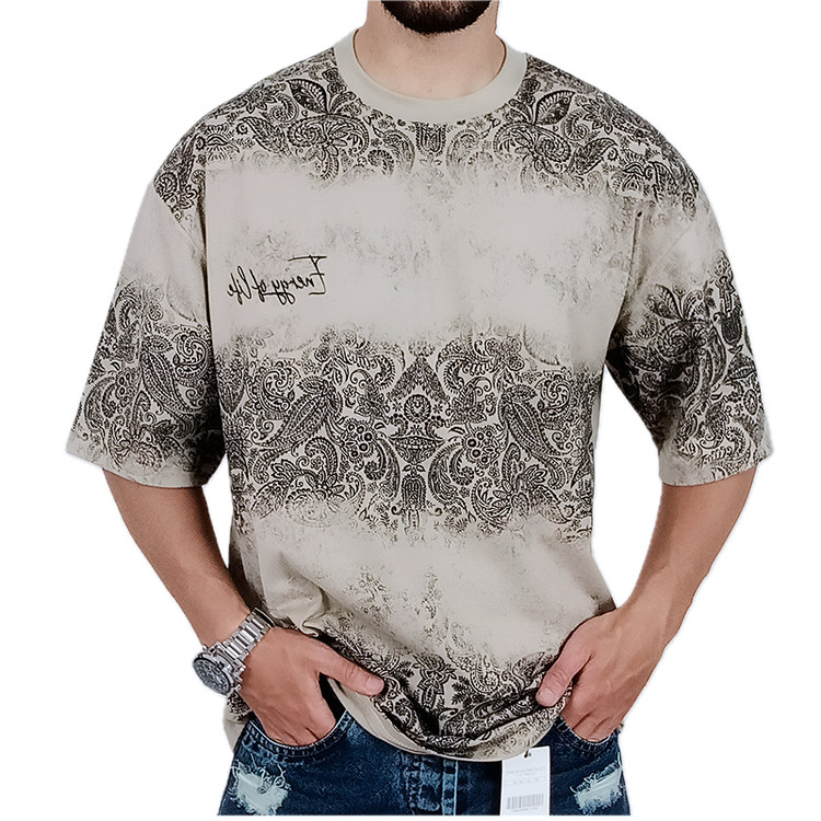 خرید تیشرت آستین کوتاه مردانه باکسی کرم طرح دو رنگ