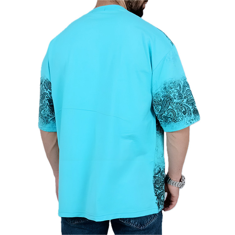 تیشرت آستین کوتاه مردانه باکسی آبی آسمانی طرح دو رنگ