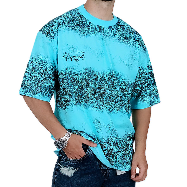 تیشرت آستین کوتاه مردانه باکسی آبی آسمانی طرح دو رنگ