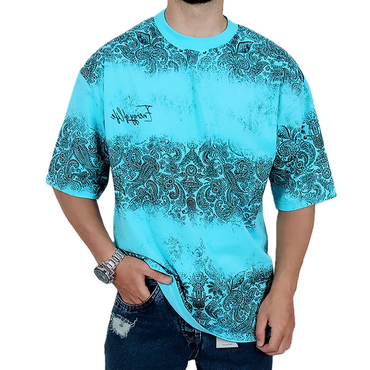 قیمت تیشرت آستین کوتاه مردانه باکسی آبی آسمانی طرح دو رنگ