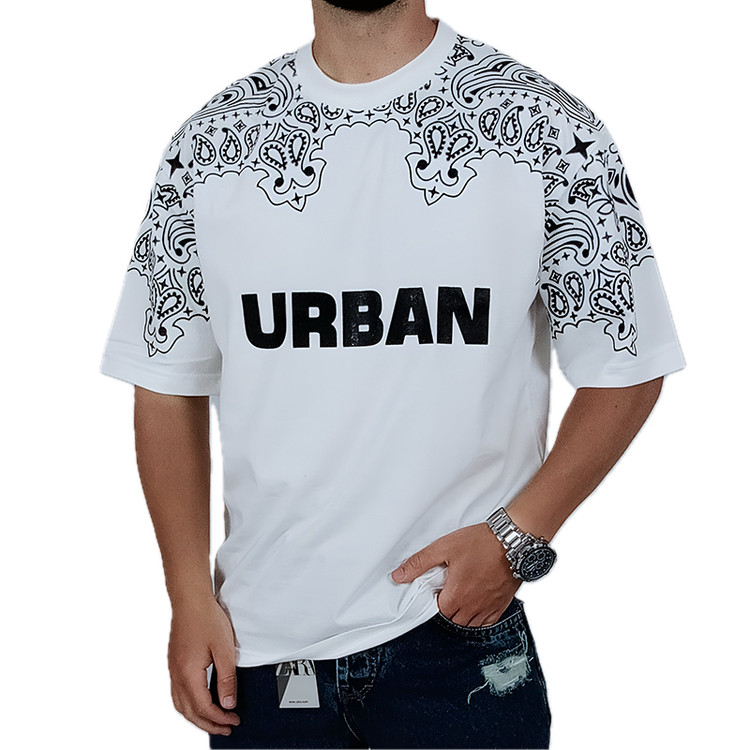 خرید تیشرت آستین کوتاه مردانه باکسی سفید طرح URBAN