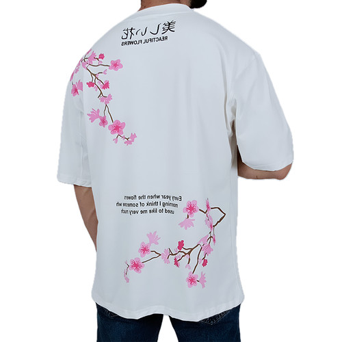 تیشرت آستین کوتاه سفید طرح شکوفه | تیشرت خنک با لطافت بالا