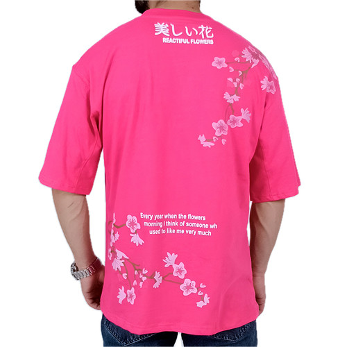 تیشرت آستین کوتاه صورتی طرح شکوفه | خرید تیشرت صورتی