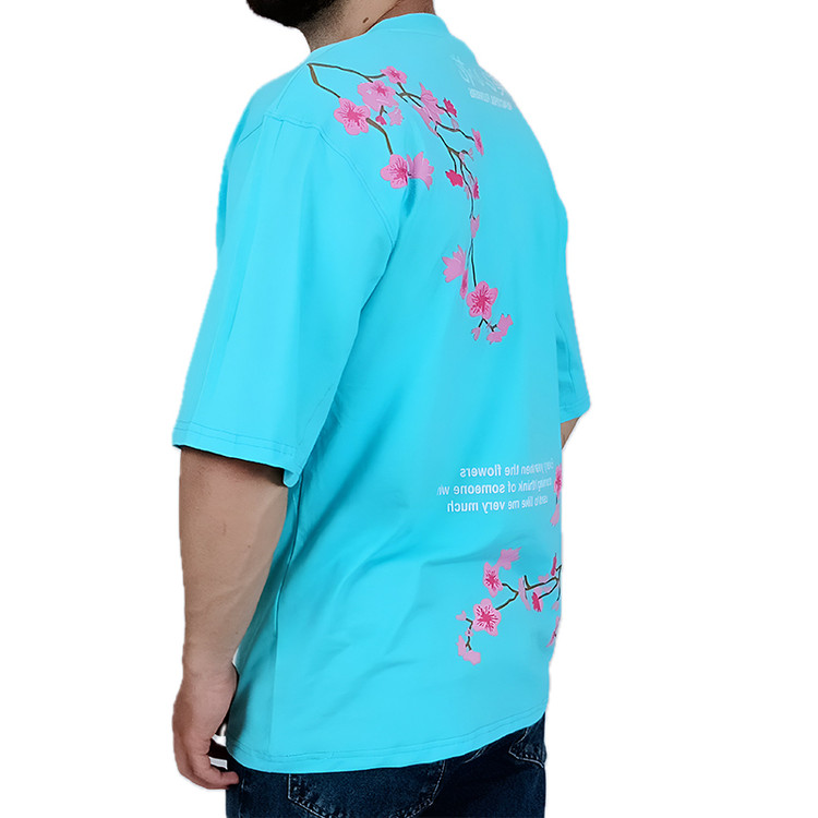 تیشرت آستین کوتاه آبی طرح شکوفه | خرید تیشرت گل از وایت رز