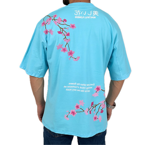 خرید تیشرت آستین کوتاه آبی طرح شکوفه