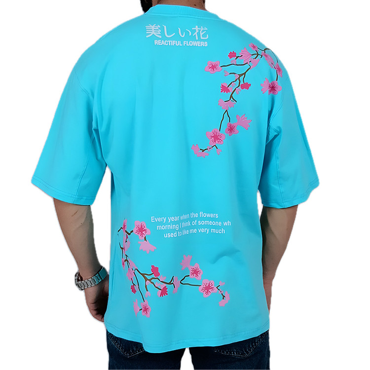 تیشرت آستین کوتاه آبی طرح شکوفه | تیشرت مناسب بهار وتابستان