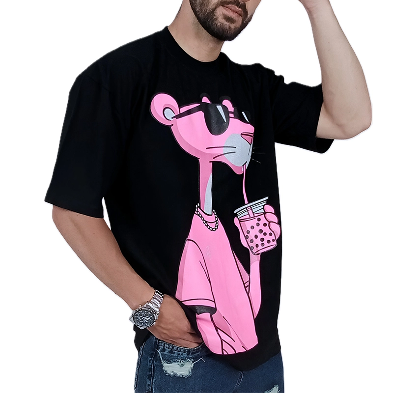 تیشرت آستین کوتاه مشکی طرح پلنگ صورتی | خرید تیشرت پلنگ صورتی