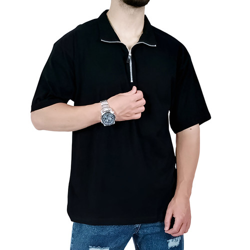 تیشرت ساده آستین کوتاه مردانه مشکی آبی طرح نیم زیپ