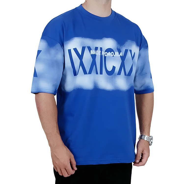 بهترین تیشرت آستین کوتاه مردانه باکسی آبی طرح ایکس