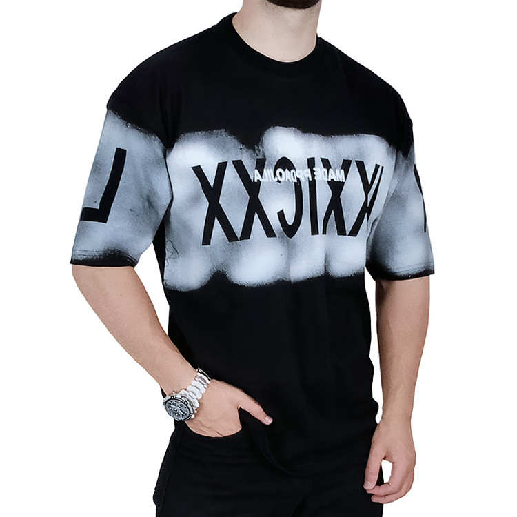 تیشرت آستین کوتاه مردانه باکسی مشکی طرح ایکس