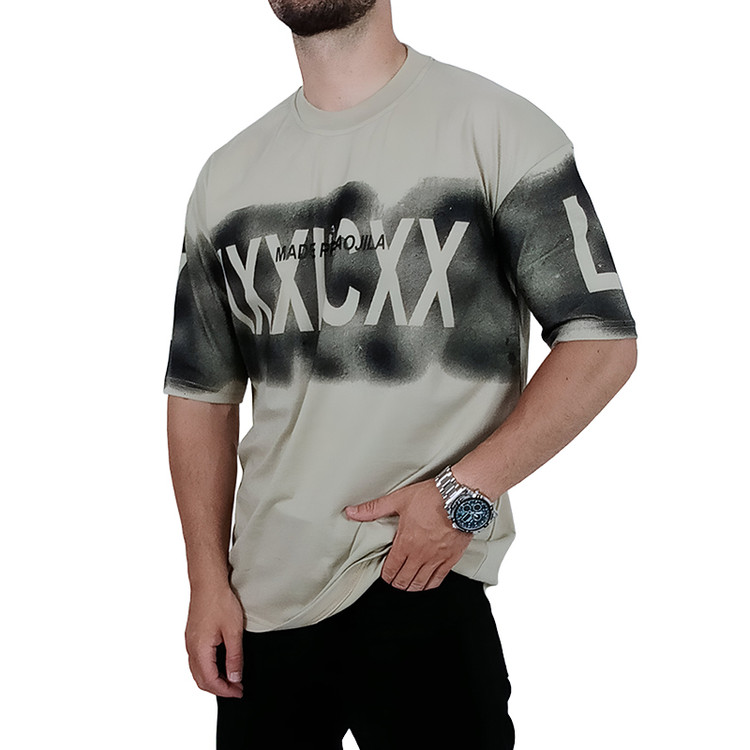 بهترین تیشرت آستین کوتاه مردانه باکسی کرم طرح ایکس