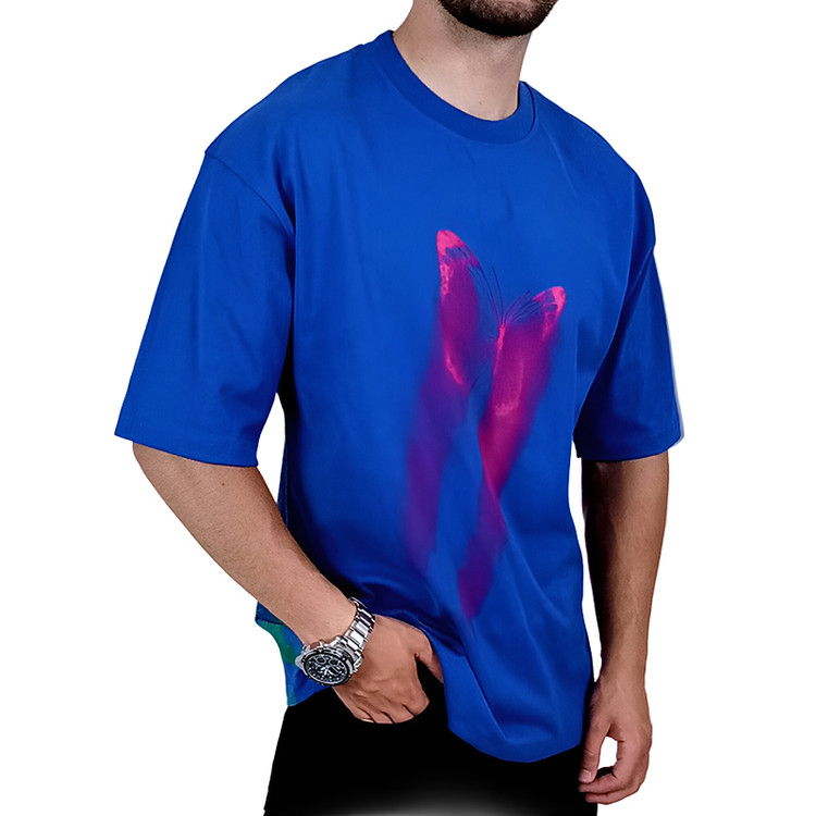 تیشرت آستین کوتاه مردانه آبی طرح پروانه