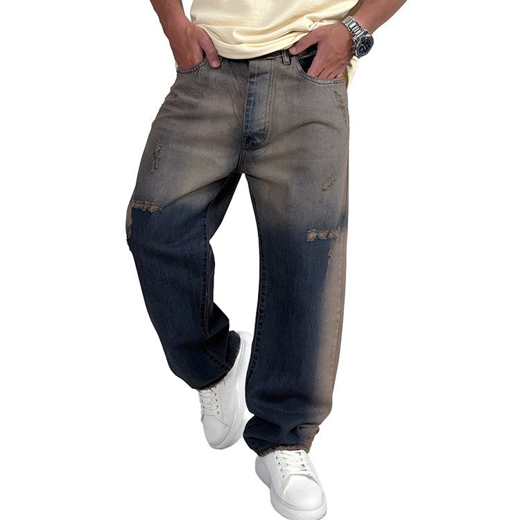 خرید شلوار جین بگ مردانه آبی خاکی طرح کاستوم